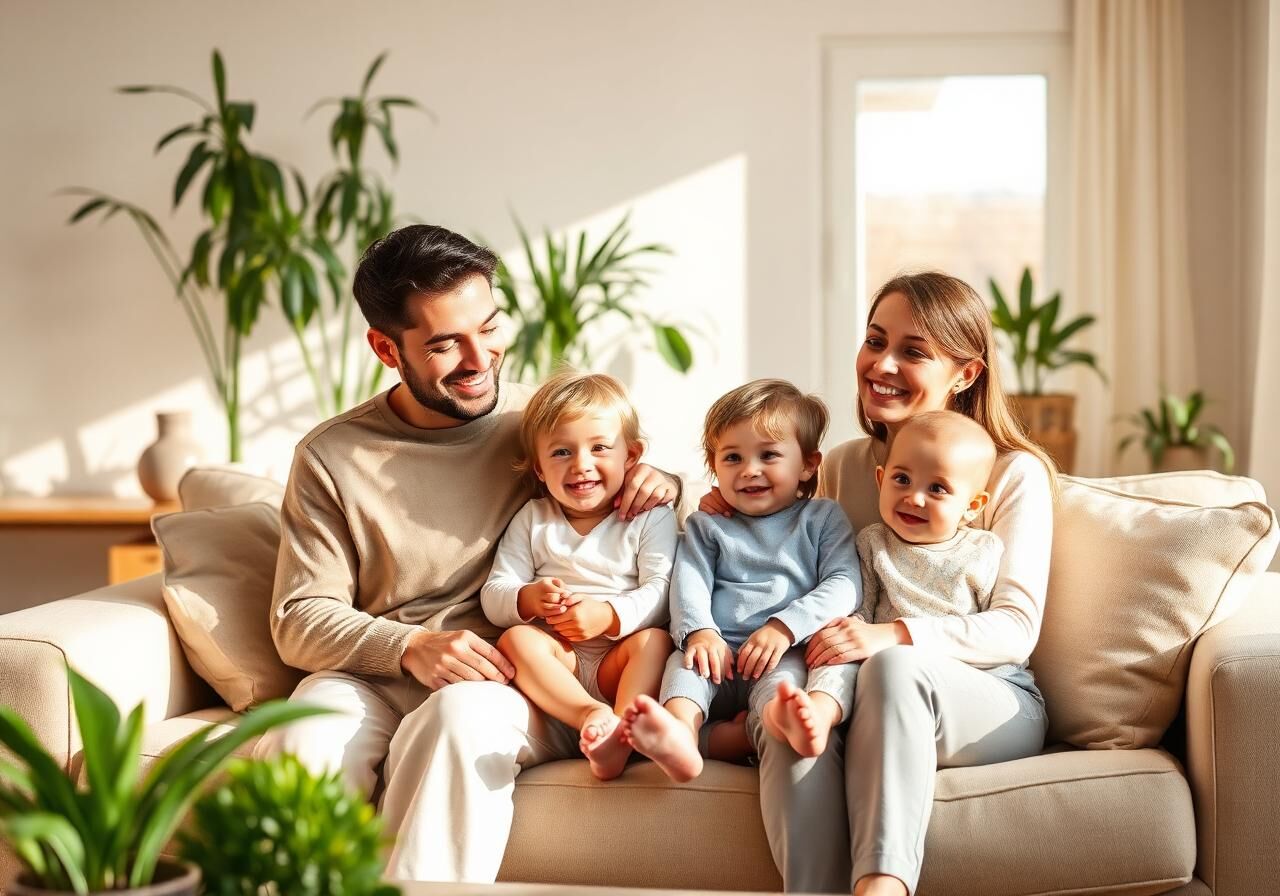 Louenna Hood — childcare expert and partner of The Mortgage Genie, pictured with a happy young family at home